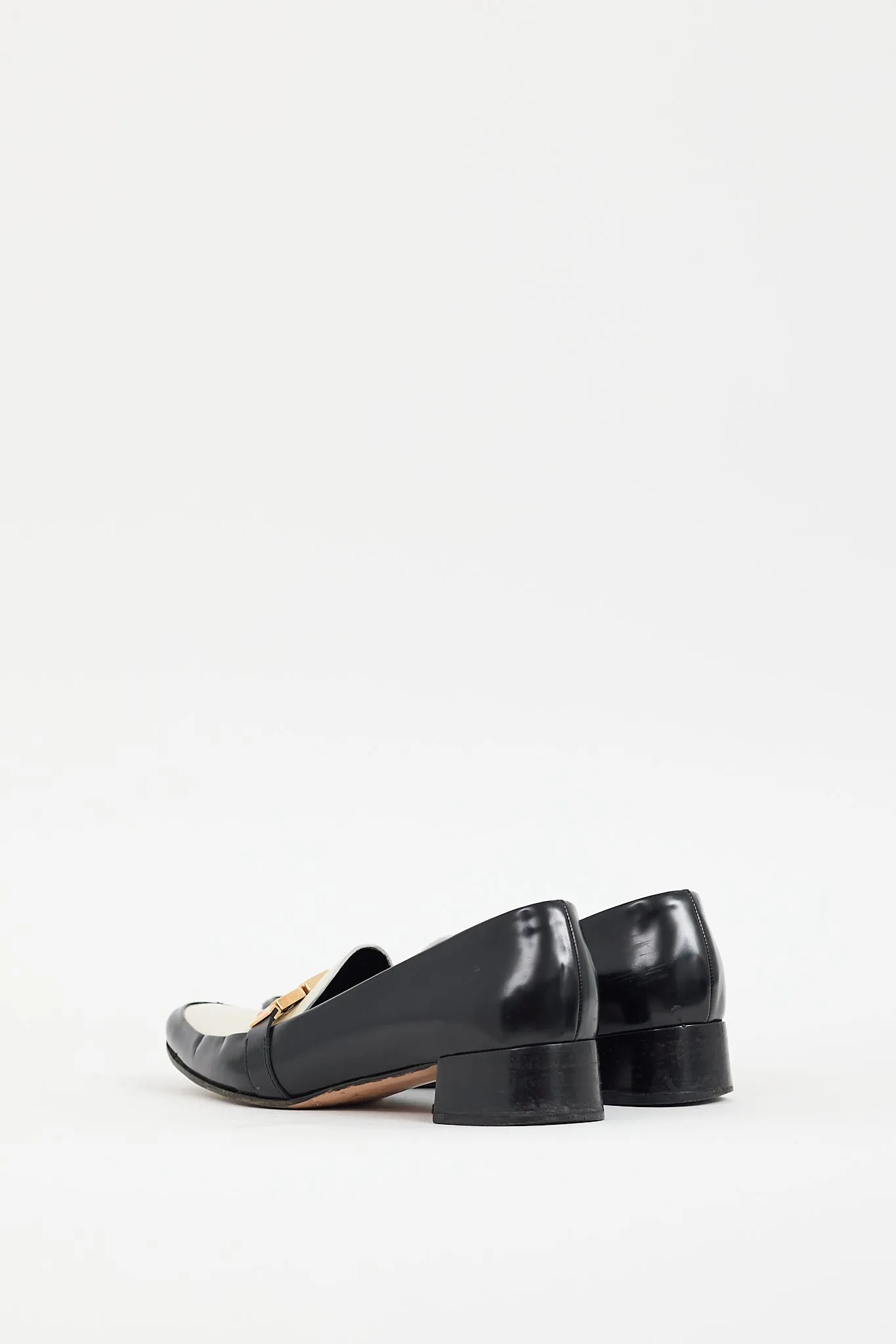 Black & Cream Leather Buckle Heeled Loafer