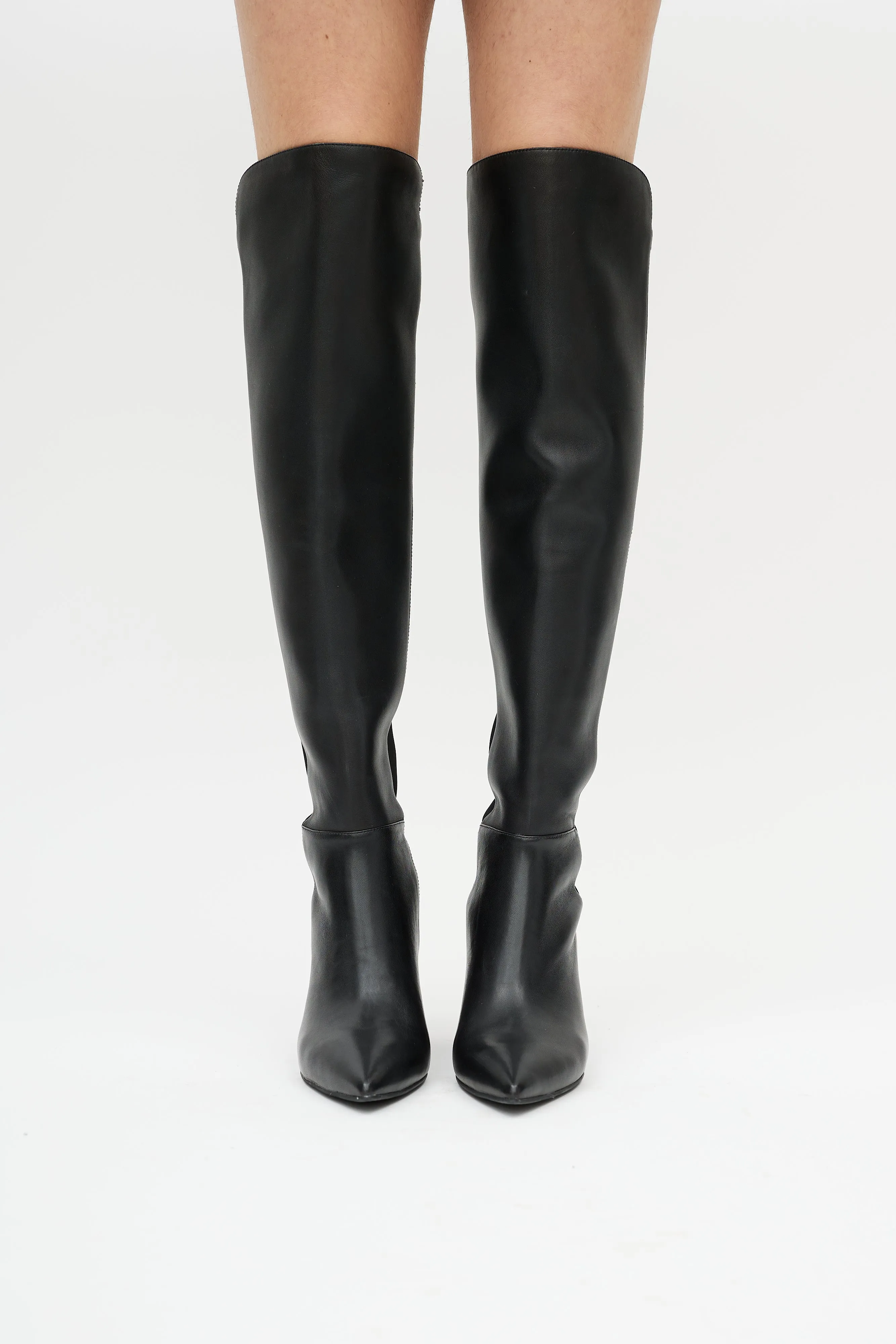 Black Leather Pointed Toe Heeled Boot