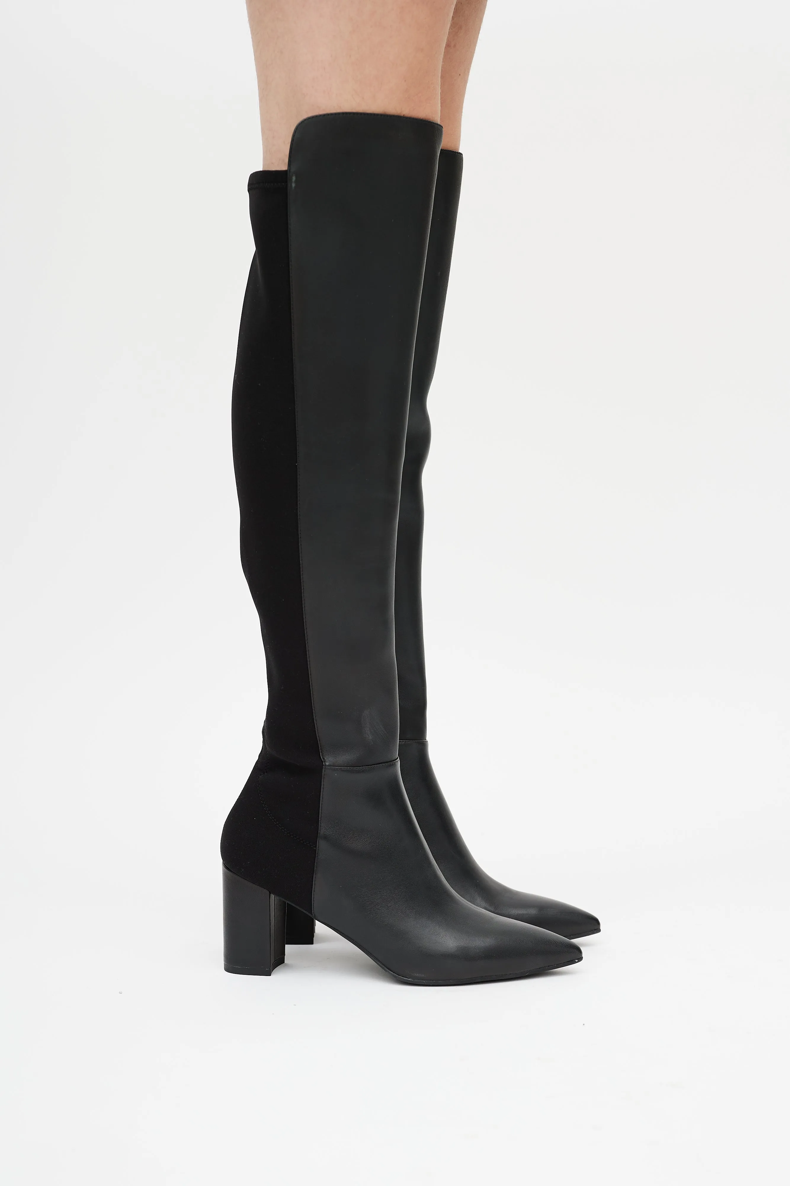 Black Leather Pointed Toe Heeled Boot