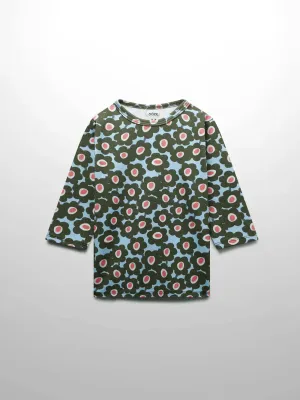 Green Flower Print Fitted 3/4 Sleeve Shirt