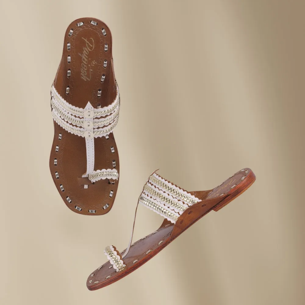 White Kolhapuri Flats For Women | Hand Crafted | Comfortable Day Wear | Casual